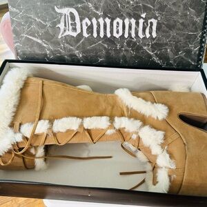 Demonia Tan Suede Over-the-Knee Boots with White Faux Fur Trim
